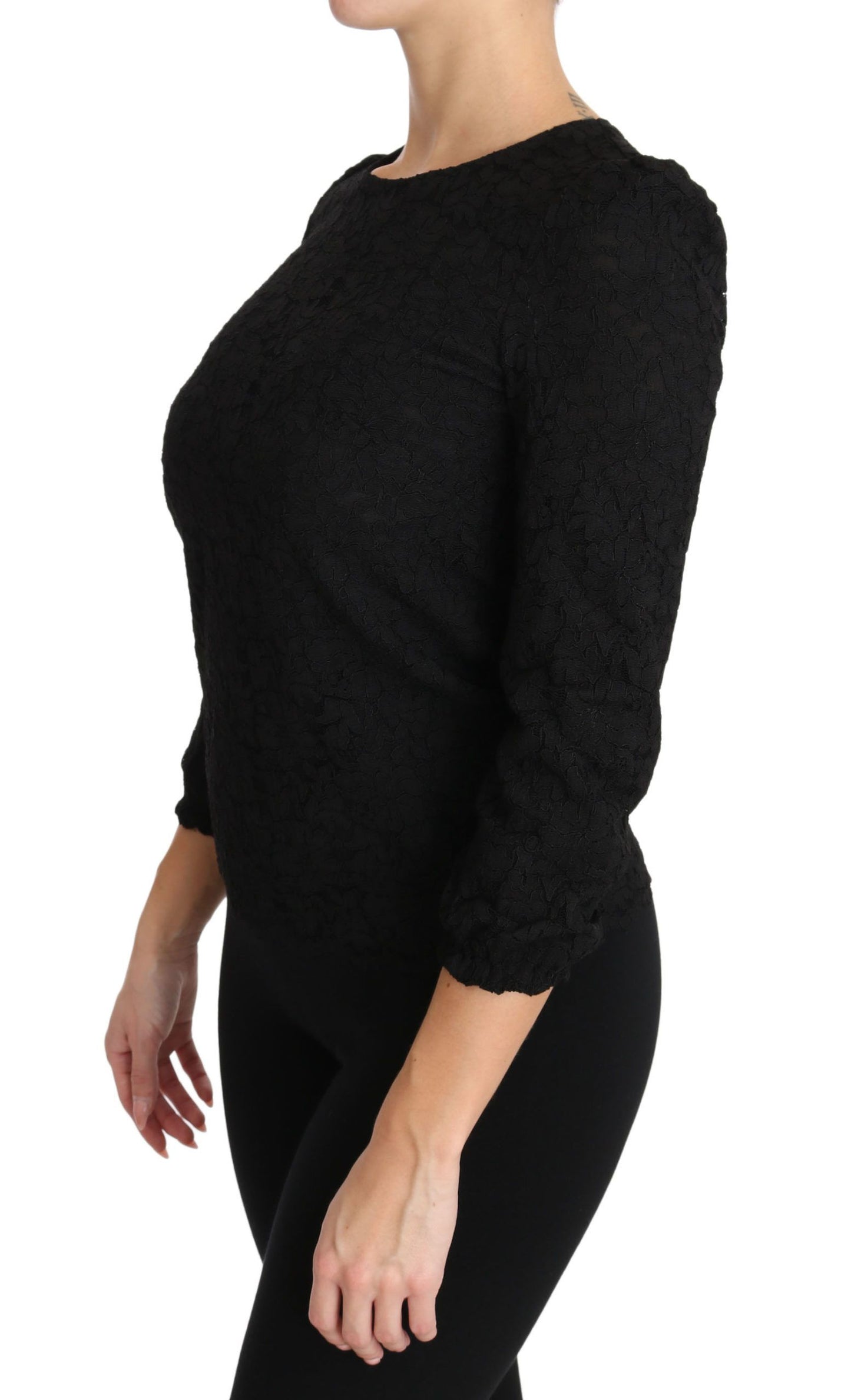 Dolce &amp; Gabbana Elegant black blouse with floral round neck