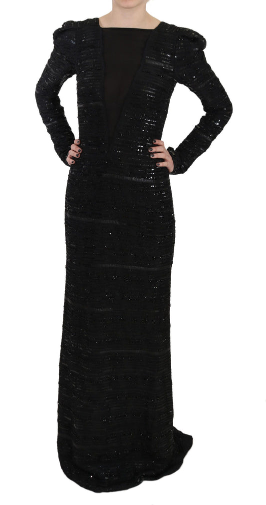 John Richmond Black Sequin Silk Coat Maxi Dress