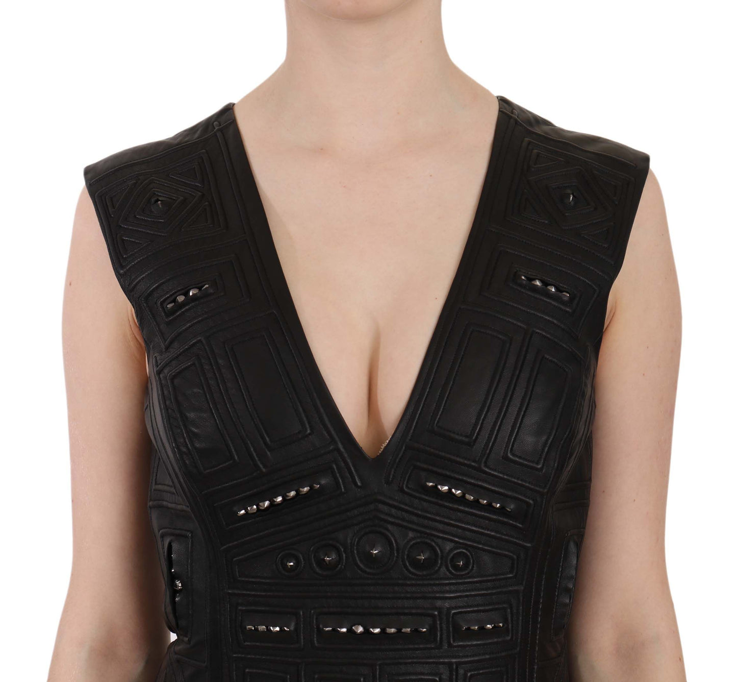 John Richmond Black Leather Studded Mini Shift Dress