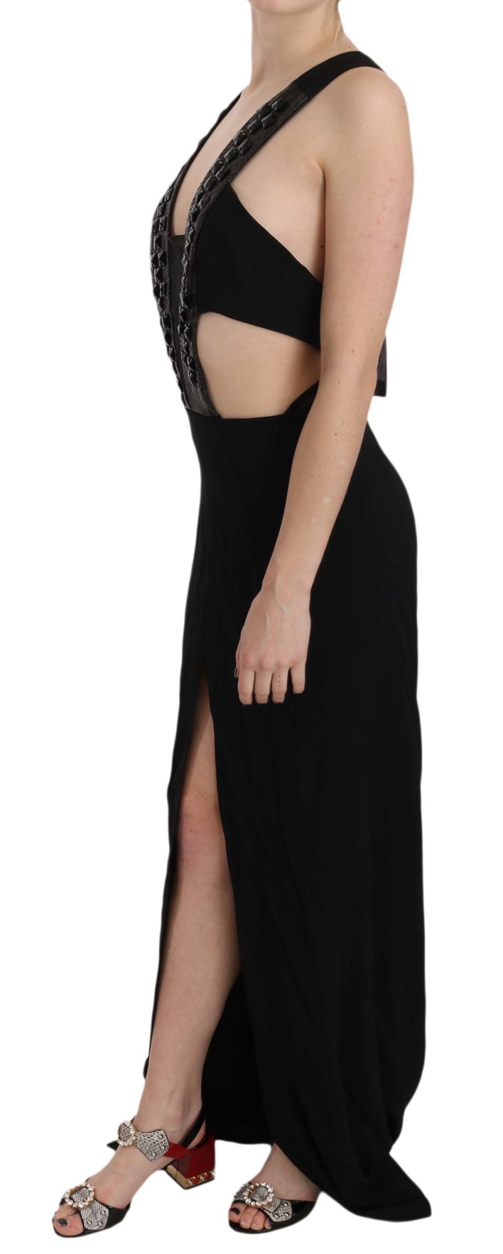 John Richmond Elegant flared maxi evening dress with crystal accents