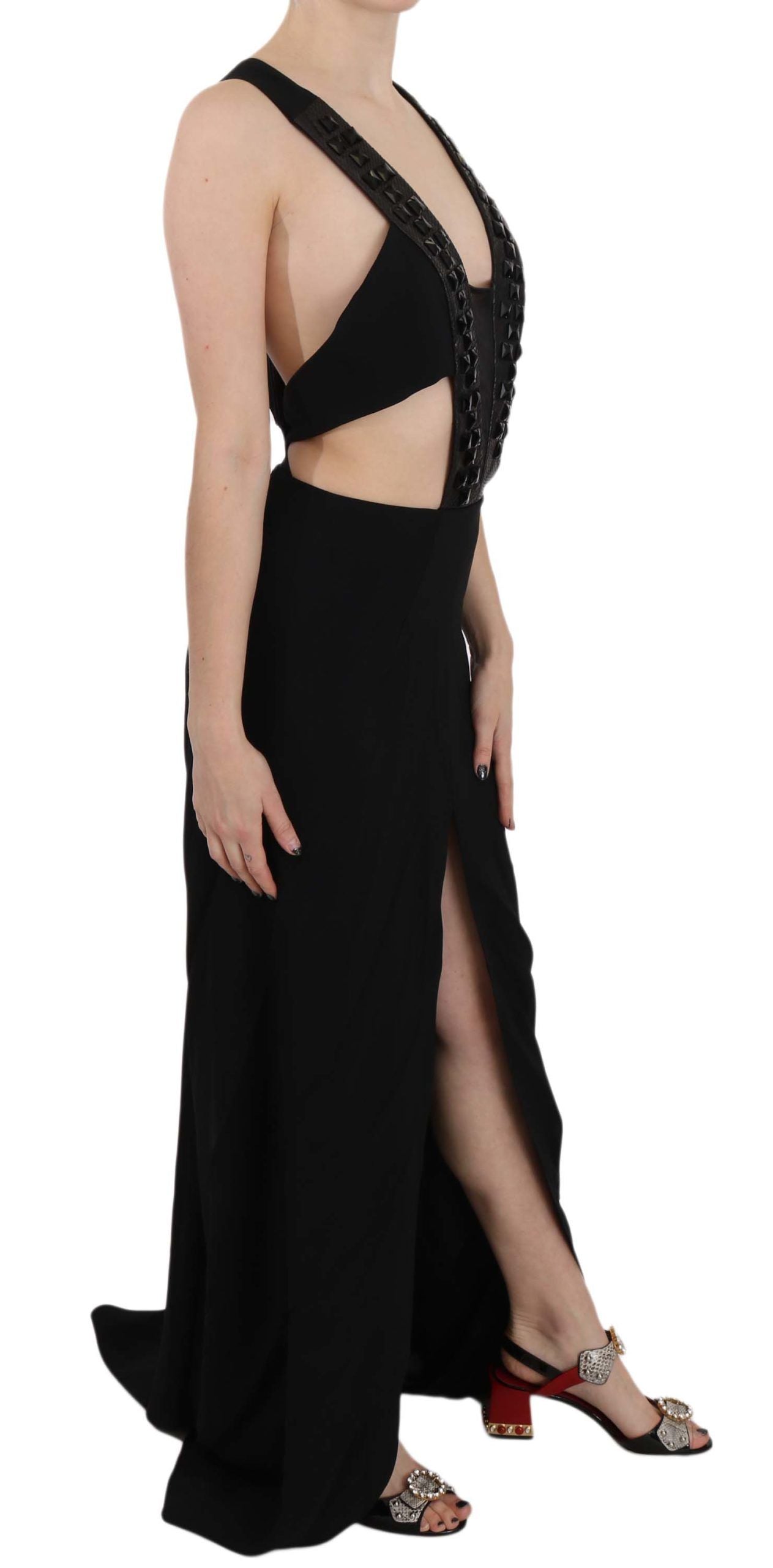 John Richmond Elegant flared maxi evening dress with crystal accents