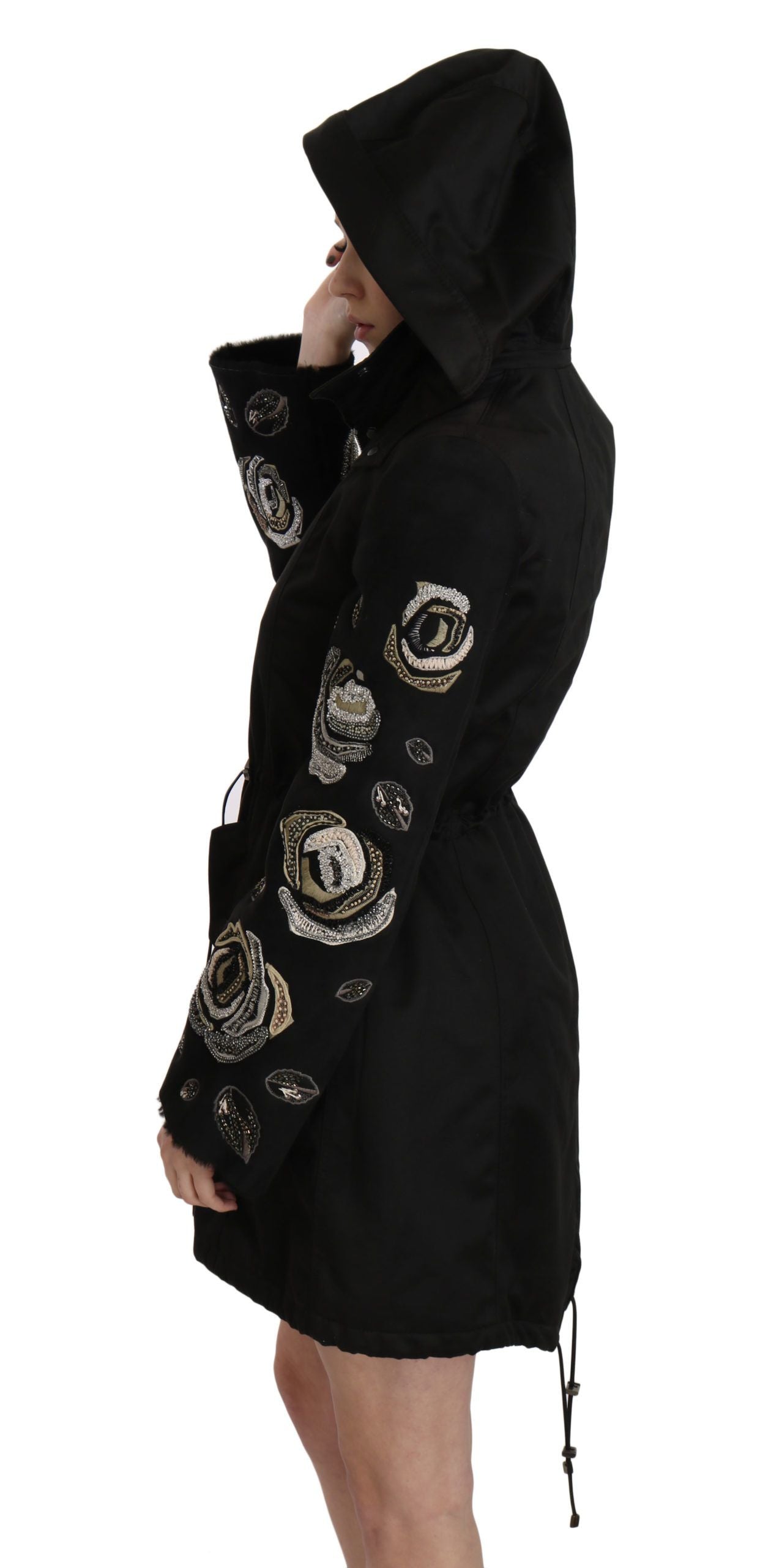 John Richmond Elegant Black Parka Jacket with Pearls for Women