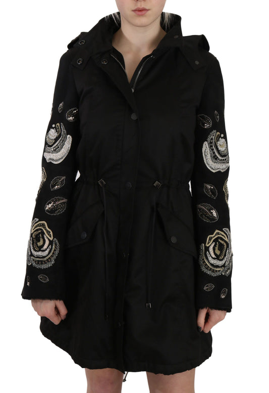 John Richmond Elegant Black Parka Jacket with Pearls for Women