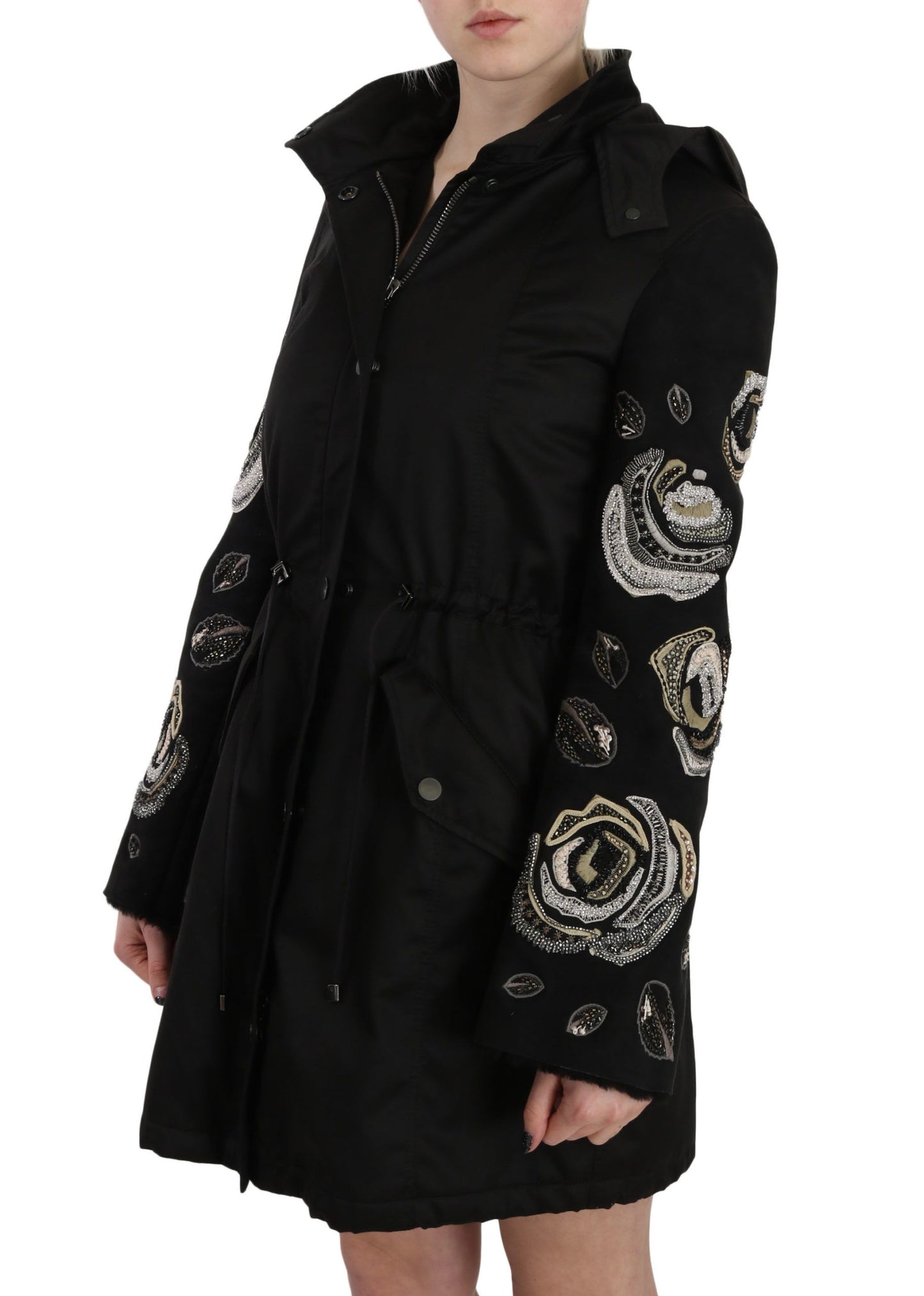 John Richmond Elegant Black Parka Jacket with Pearls for Women