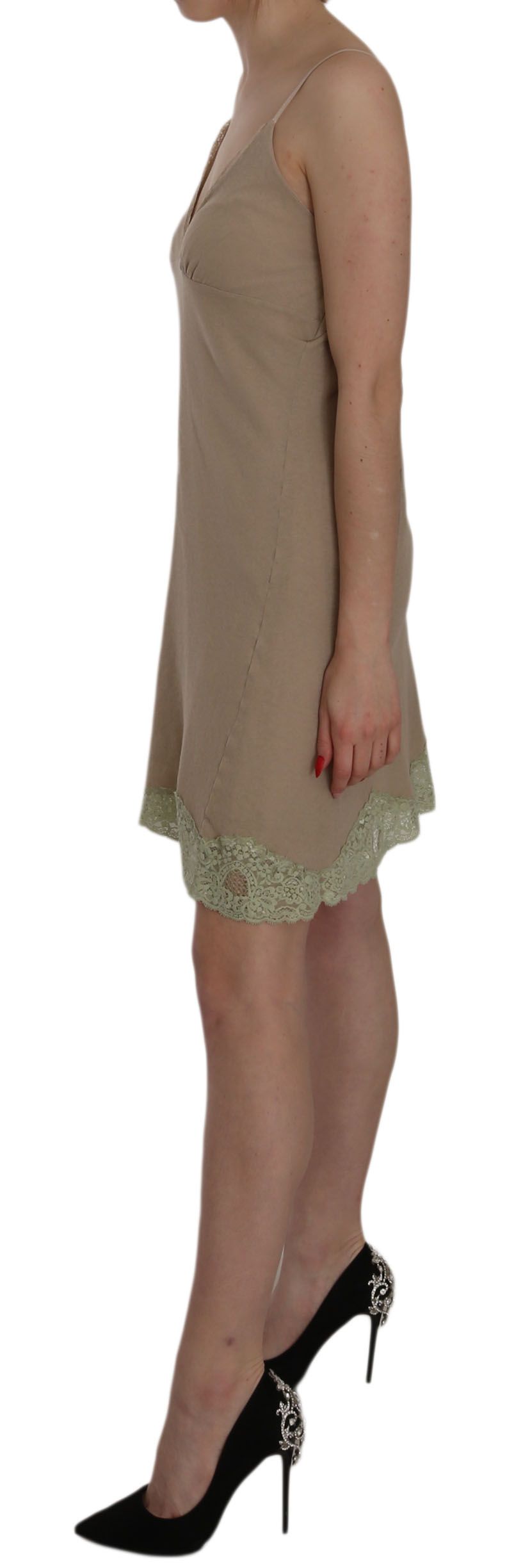 PINK MEMORIES Elegant beige spaghetti strap lace mini dress