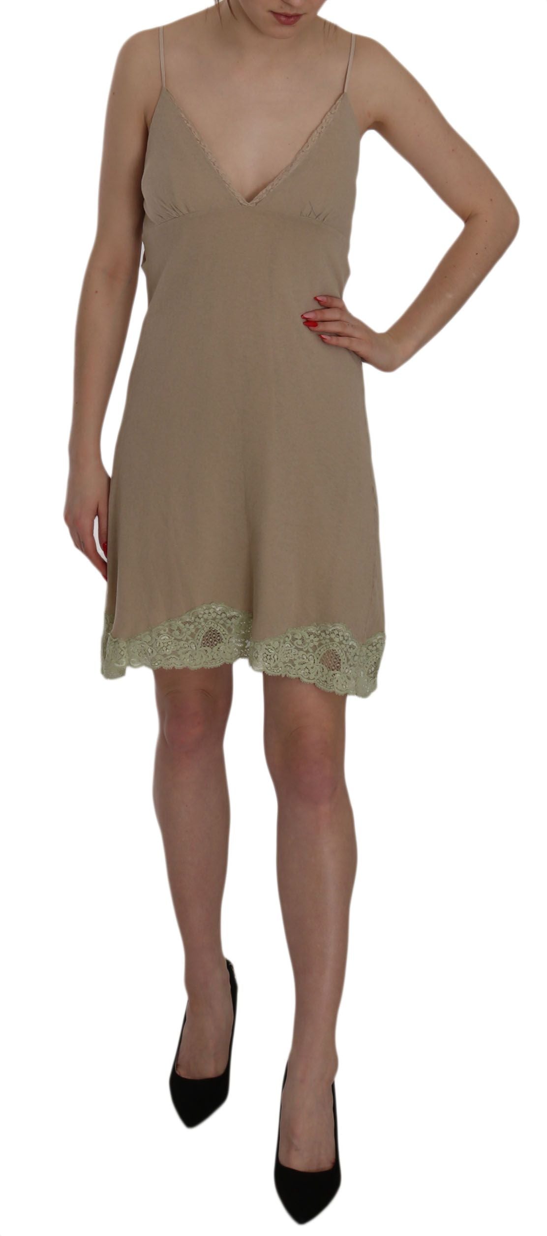 PINK MEMORIES Elegant beige spaghetti strap lace mini dress