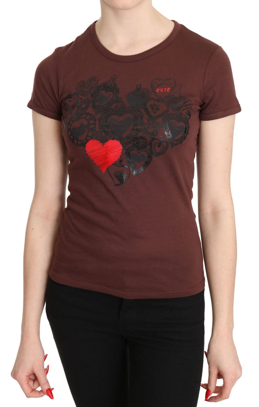 Exte Chic brown heart printed short sleeve top