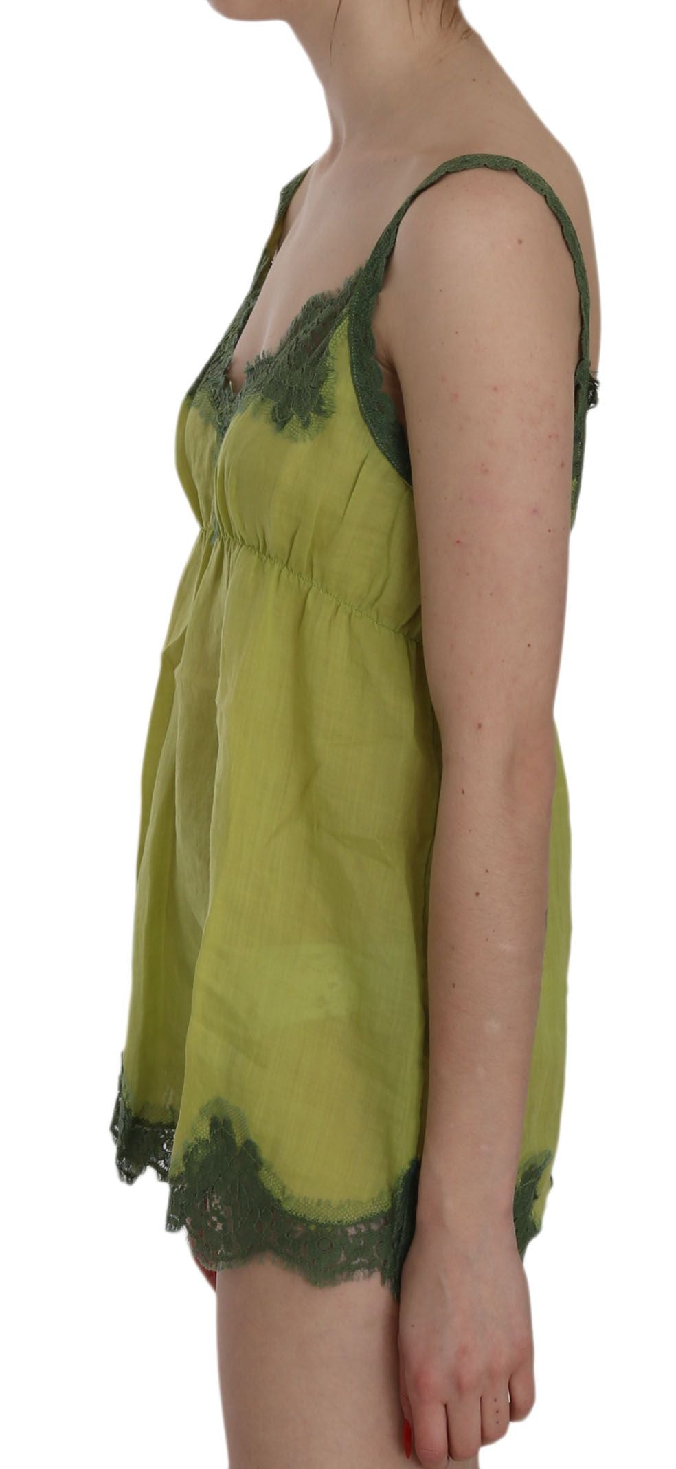 PINK MEMORIES Elegant green linen tank top with lace