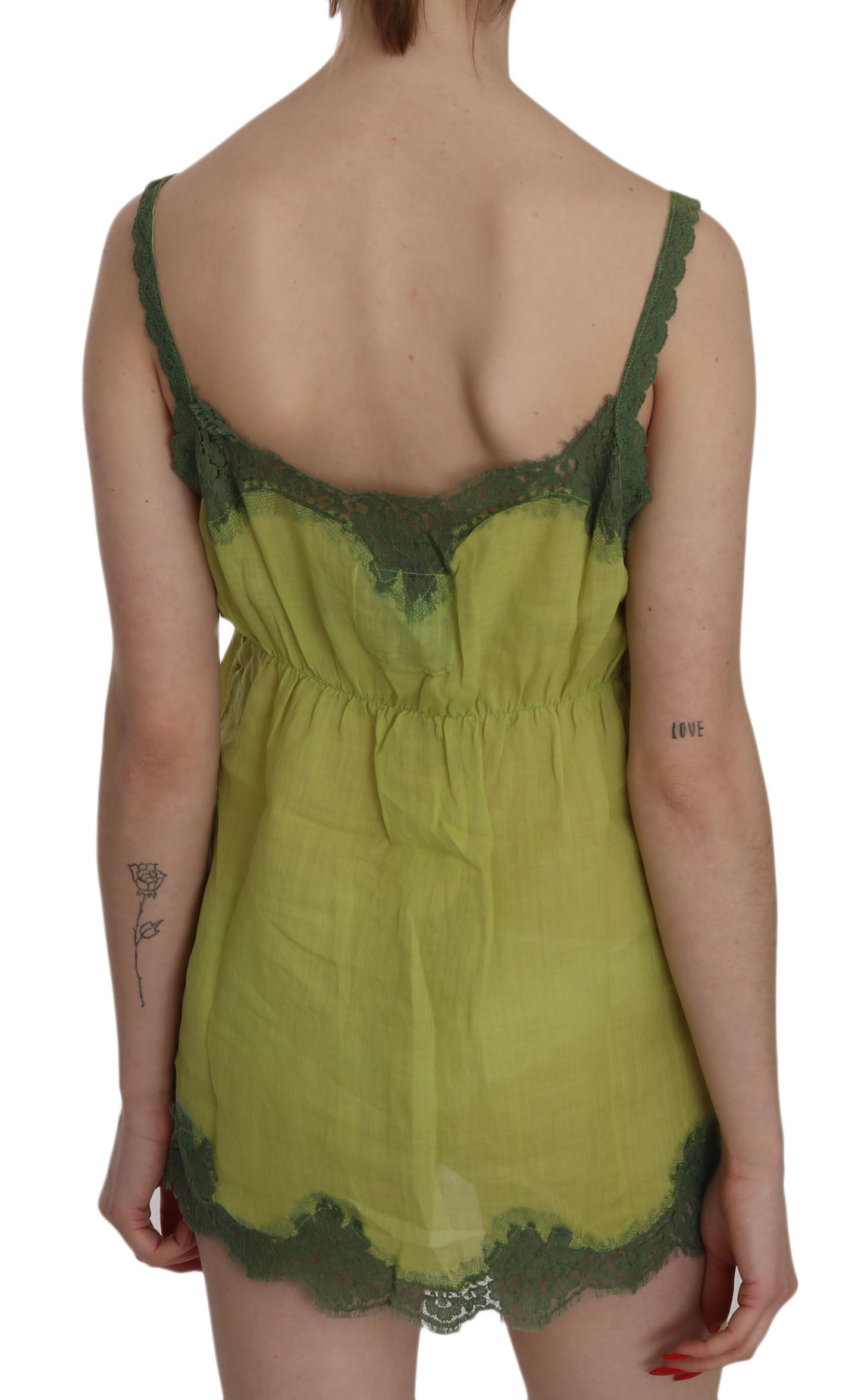 PINK MEMORIES Elegant green linen tank top with lace