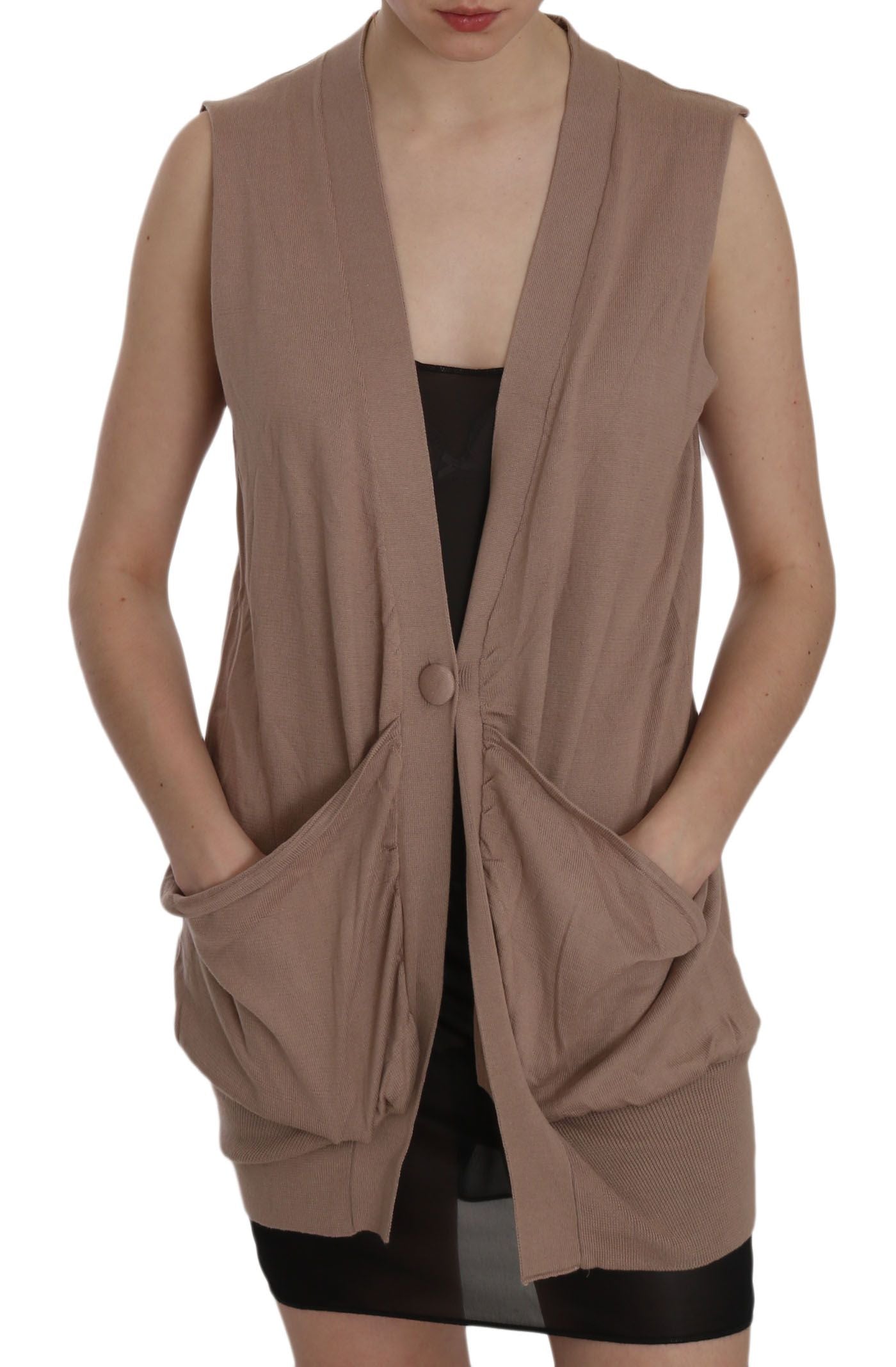 PINK MEMORIES Chic Sleeveless Cotton Cardigan - Elegant Brown