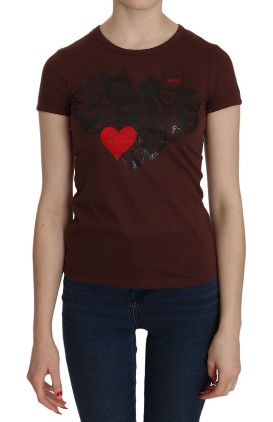 Exte Chic Ruskea Heart Print Crew Neck Top