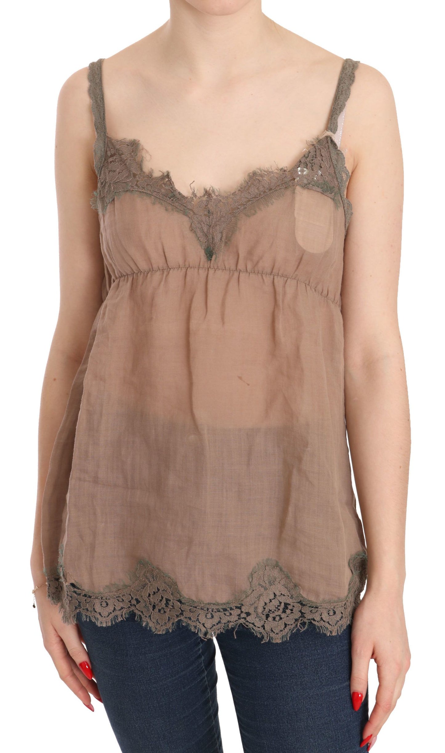 PINK MEMORIES Elegant blouse made of brown linen with lace