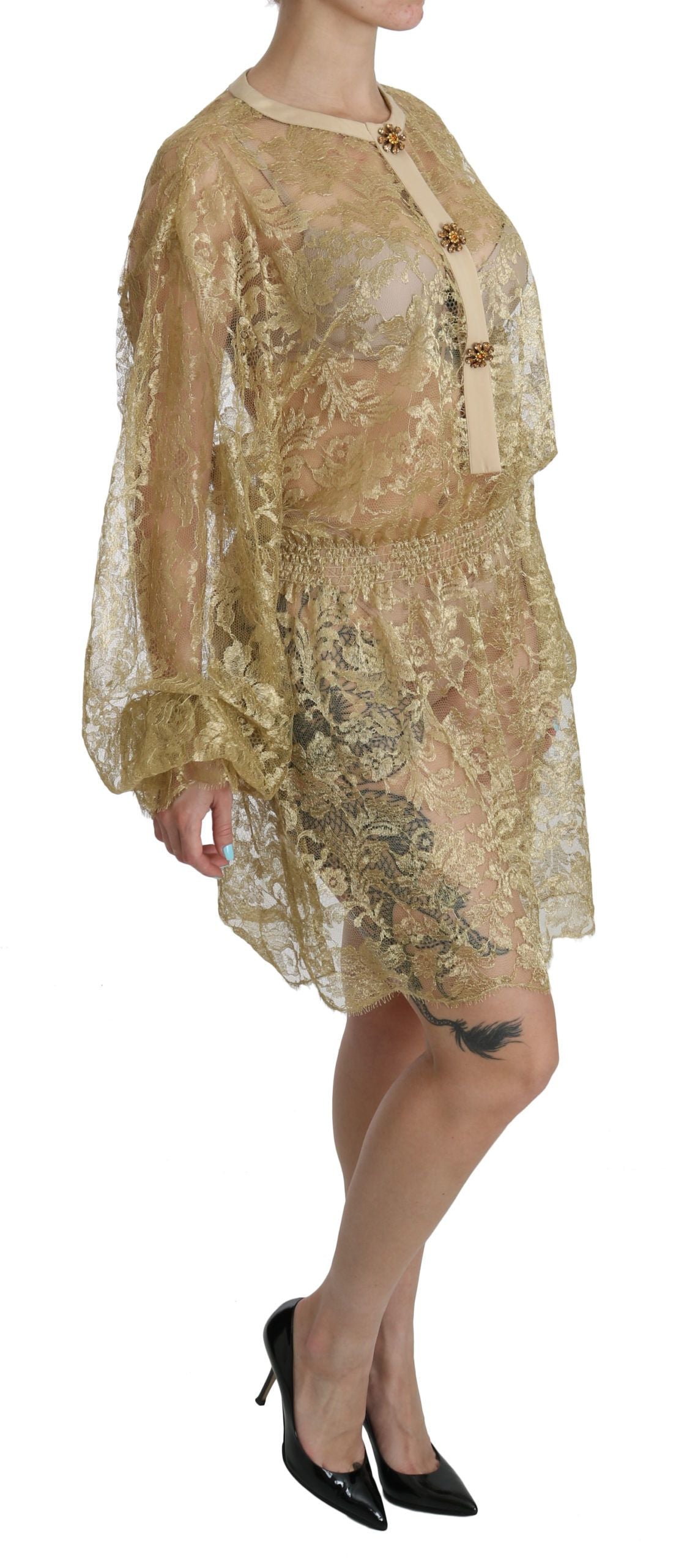 Dolce & Gabbana Gold Lace See Through A-Line Knee Length Dress Glandine Dolce & Gabbana Gold Lace See Through A-Line Knee Length Dress Glandine