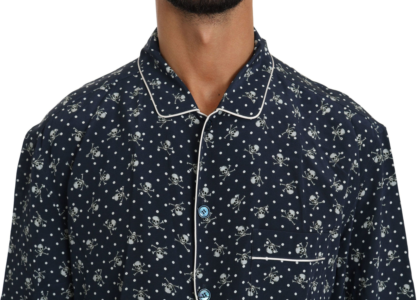 Dolce &amp; Gabbana Silky elegance: blue lounge shirt with skull print