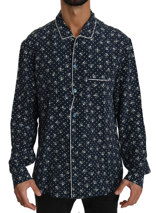 Dolce & Gabbana Seidige Eleganz: Blaues Lounge-Shirt mit Totenkopfdruck