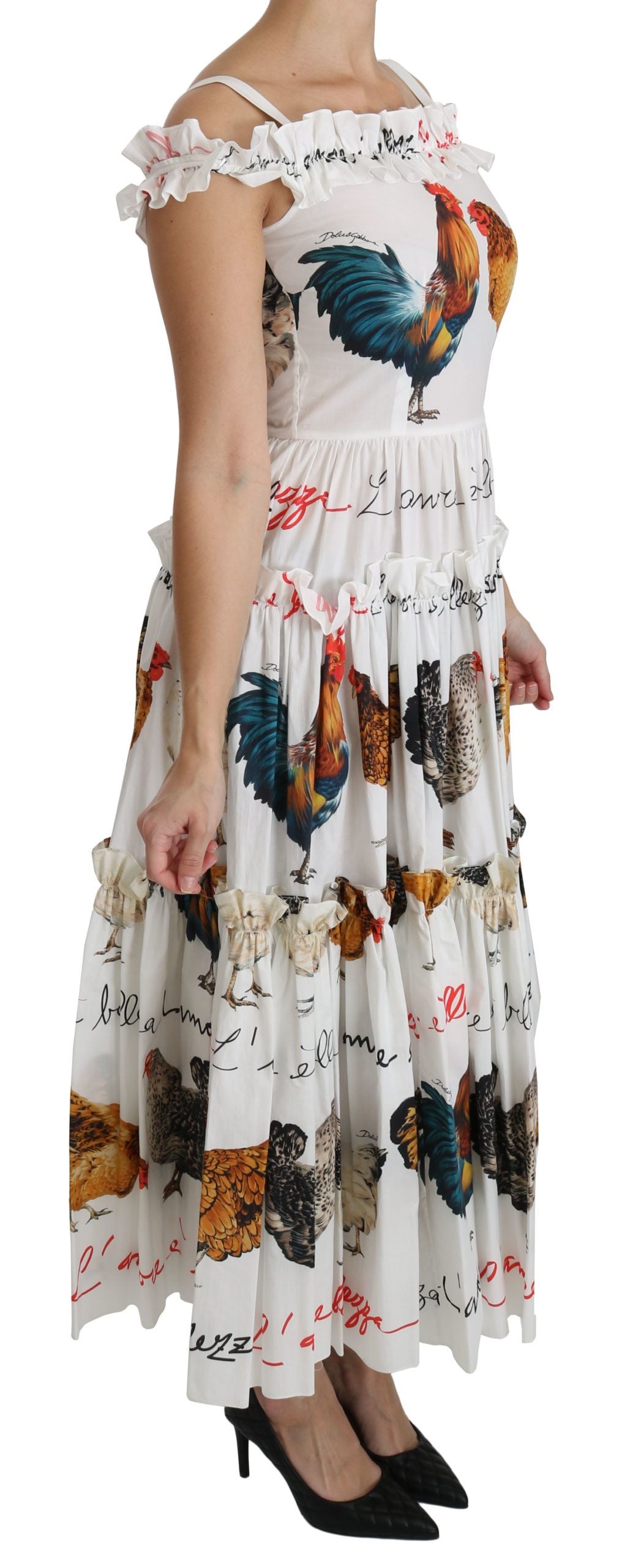 Dolce &amp; Gabbana Elegant white midi dress with rooster print