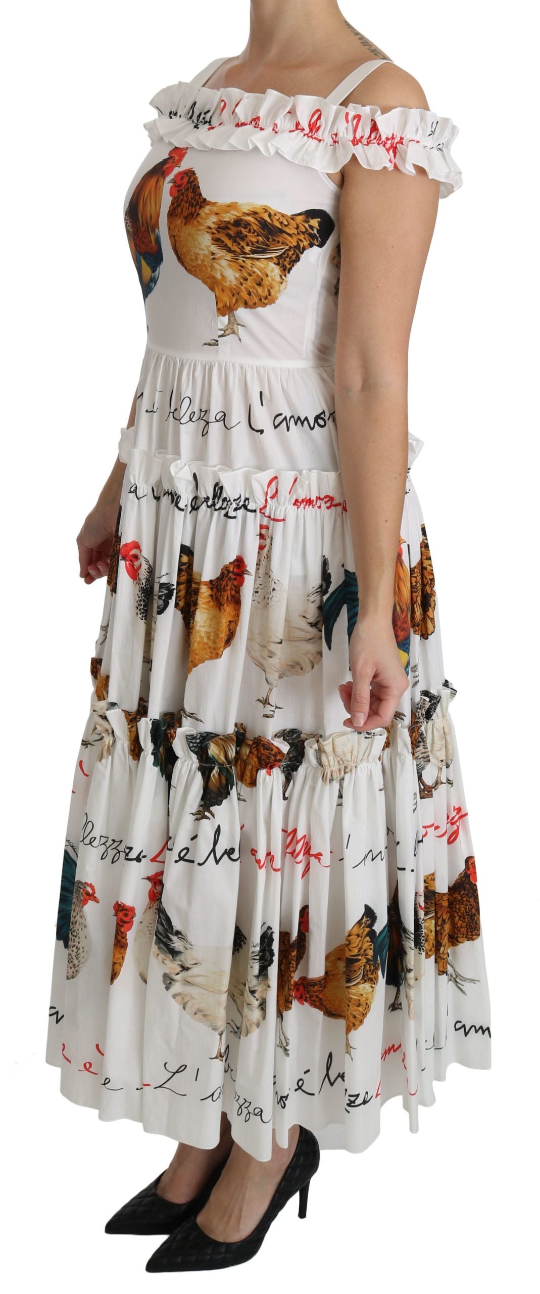 Dolce &amp; Gabbana Elegant white midi dress with rooster print