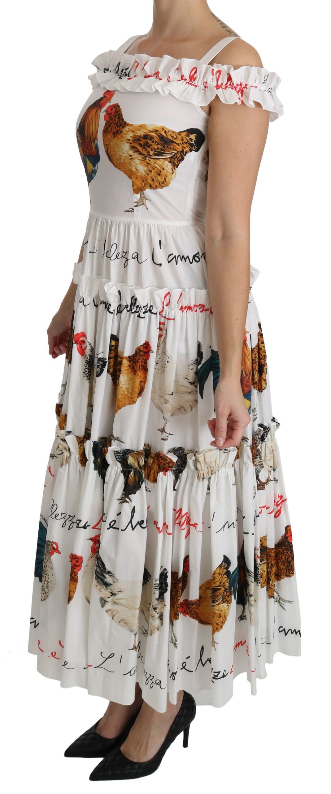 Dolce &amp; Gabbana Tyylikäs valkoinen midi-mekko kukkokuvioisella