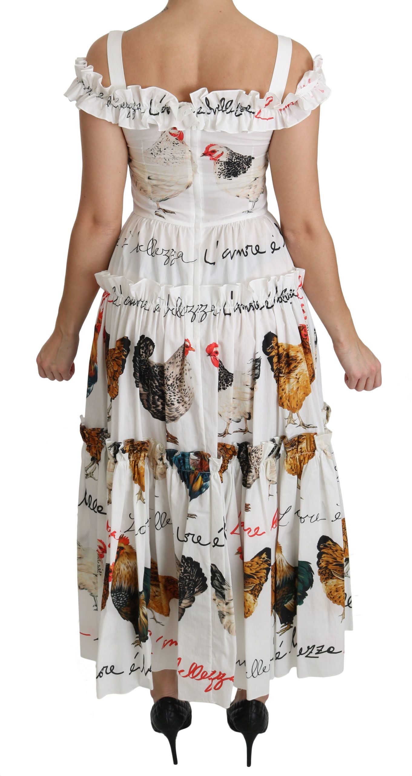 Dolce &amp; Gabbana Elegant white midi dress with rooster print