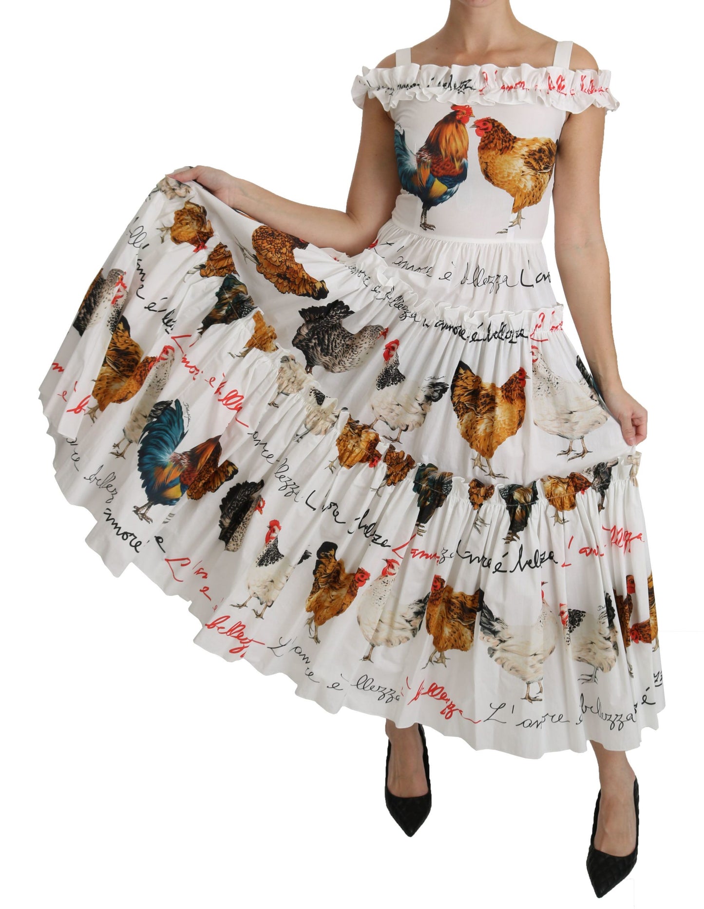 Dolce &amp; Gabbana Elegant white midi dress with rooster print