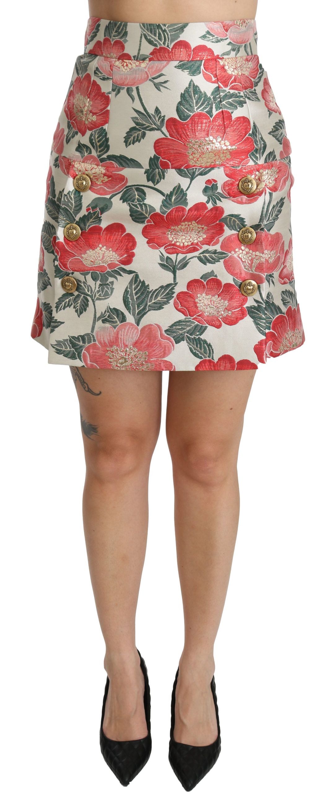 Dolce &amp; Gabbana Elegant white high waist floral print skirt