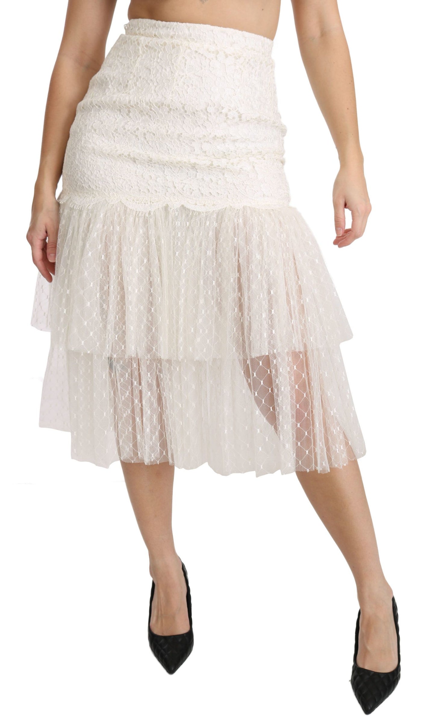 Dolce &amp; Gabbana Elegant white high-waisted lace skirt