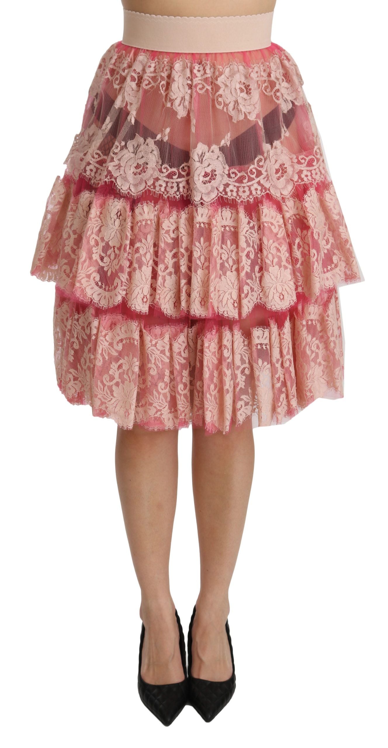 Dolce &amp; Gabbana Elegant pink lace skirt with high waist