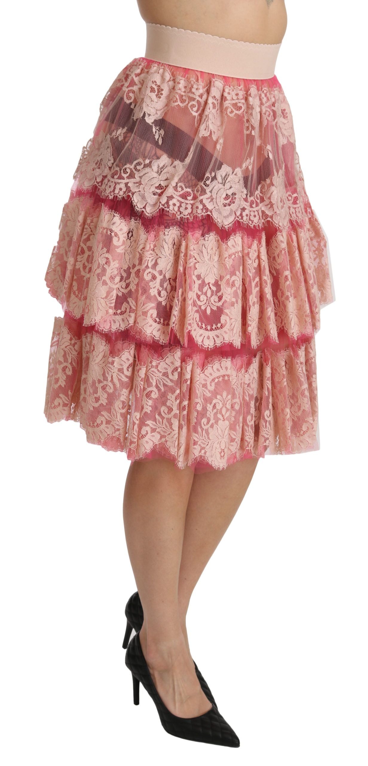 Dolce &amp; Gabbana Elegant pink lace skirt with high waist