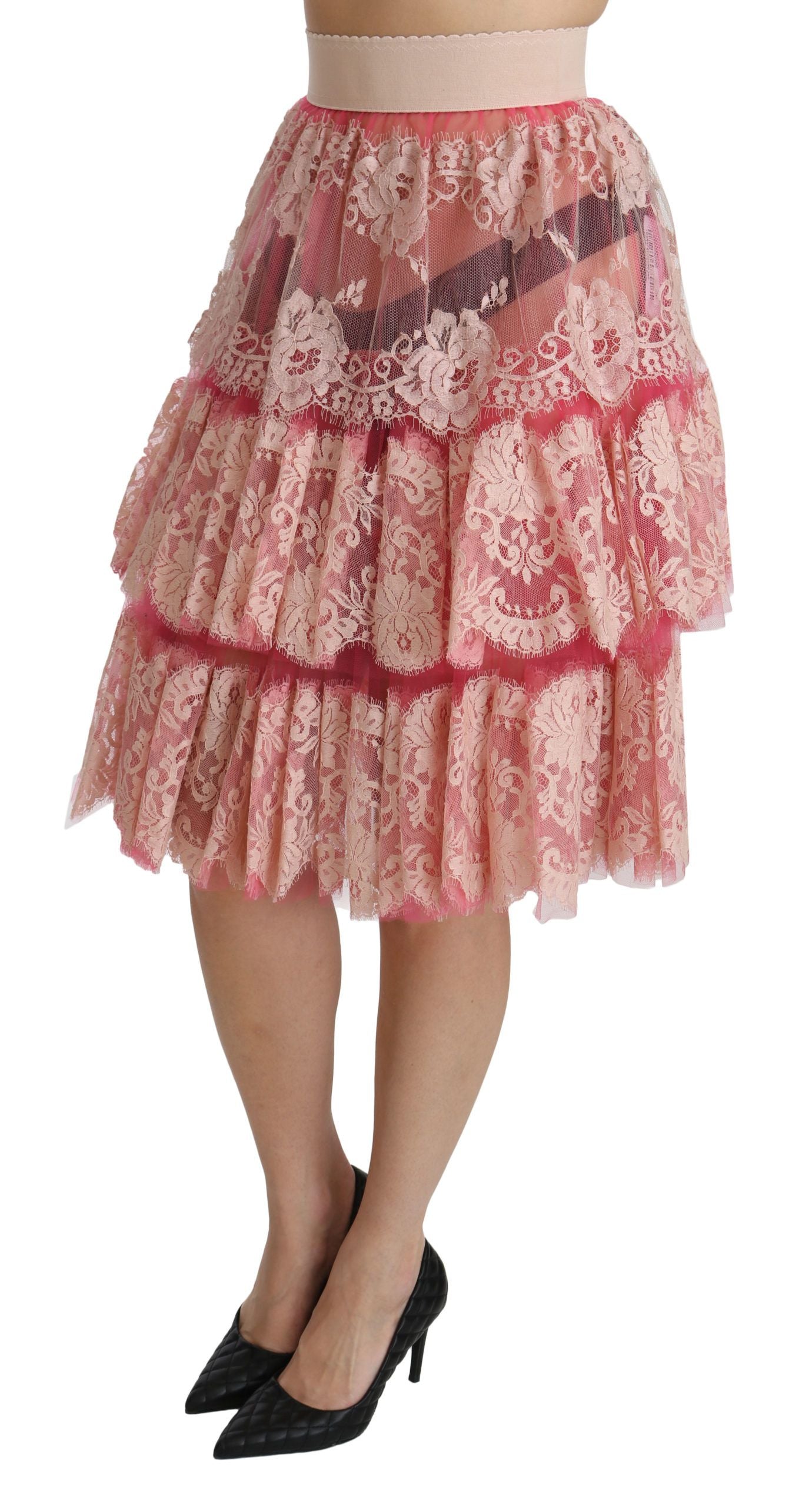 Dolce &amp; Gabbana Elegant pink lace skirt with high waist