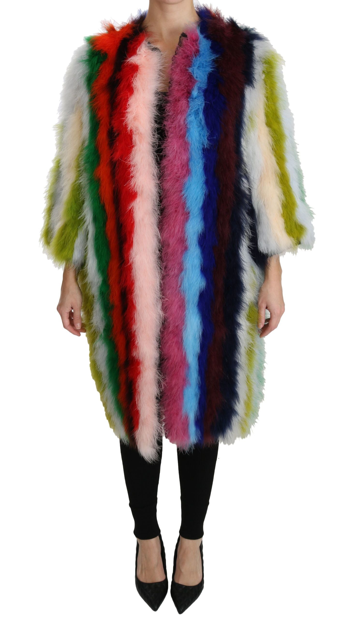 Dolce &amp; Gabbana Elegant Multicolor Feather Long Coat Jacket