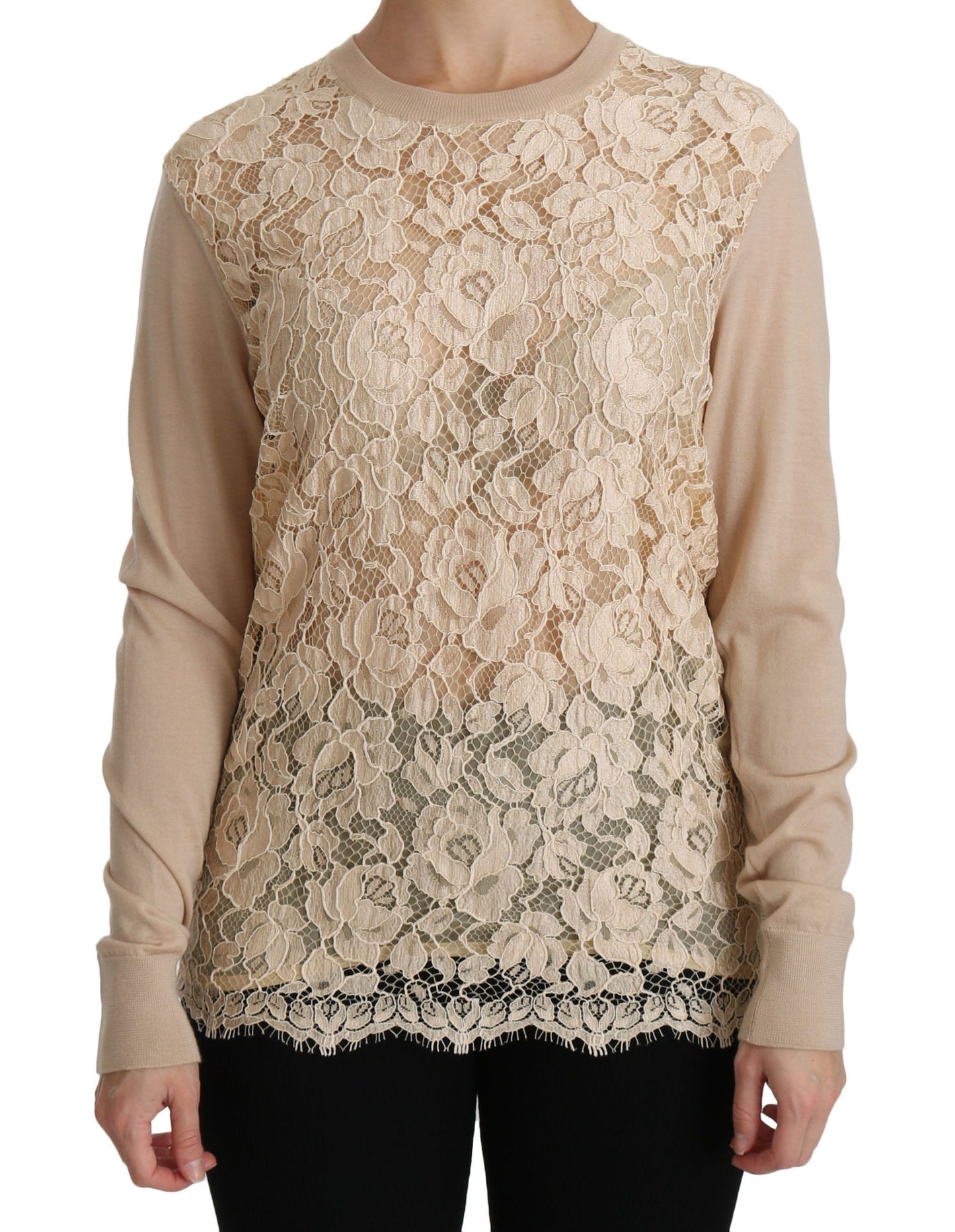 Dolce &amp; Gabbana Elegant beige cashmere blouse with round neckline in lace