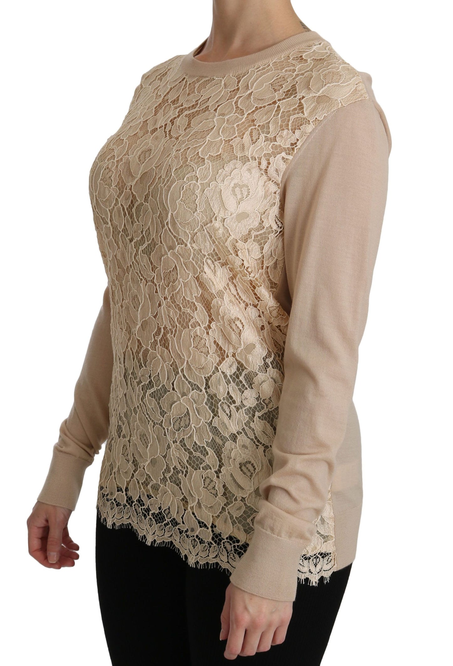 Dolce &amp; Gabbana Elegant beige cashmere blouse with round neckline in lace