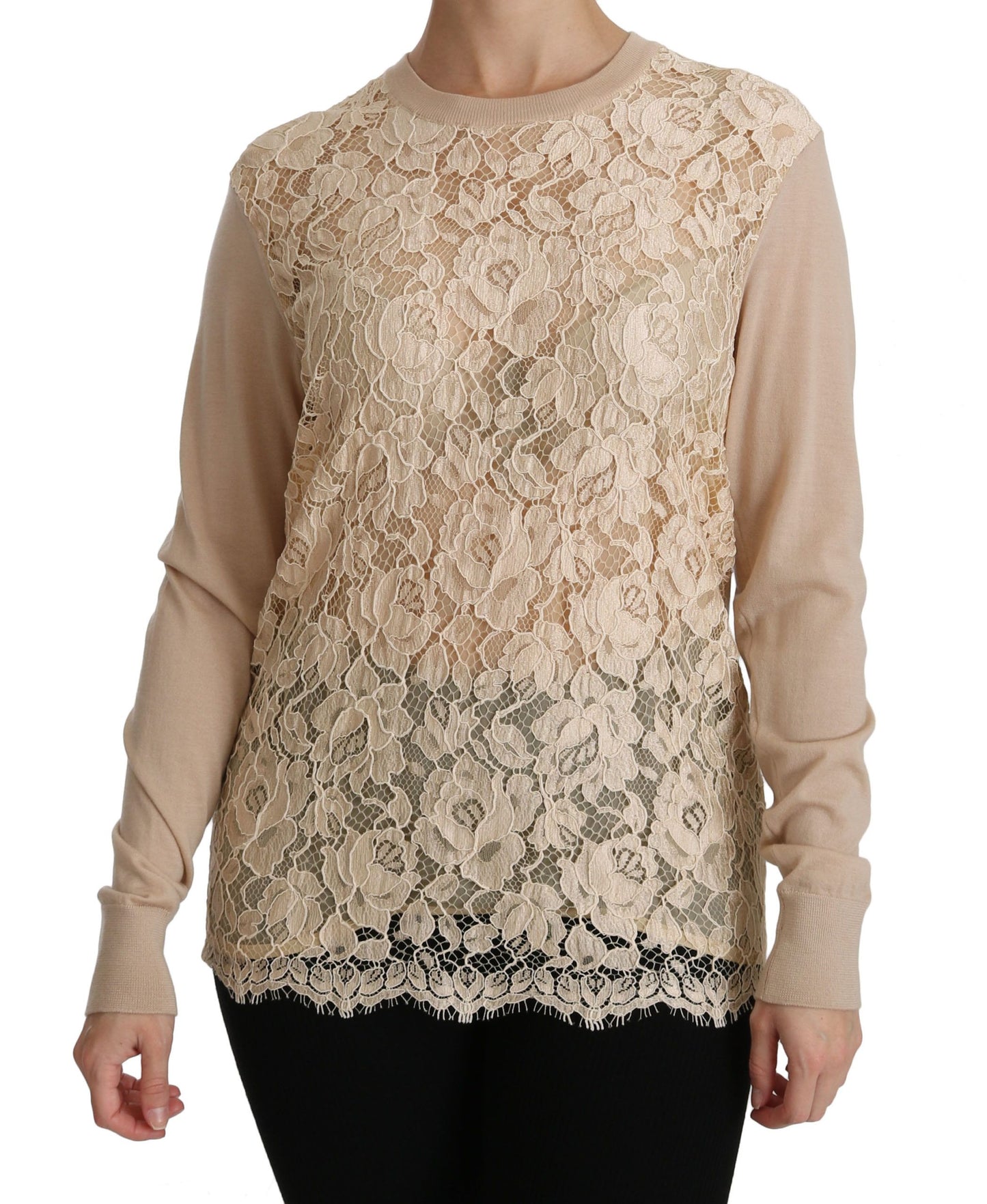 Dolce &amp; Gabbana Elegant beige cashmere blouse with round neckline in lace