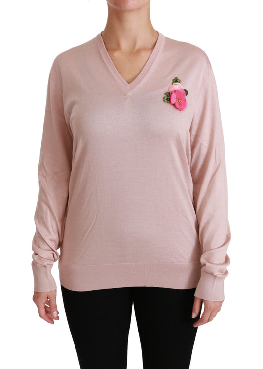 Dolce &amp; Gabbana pink floral silk V-neck sweater