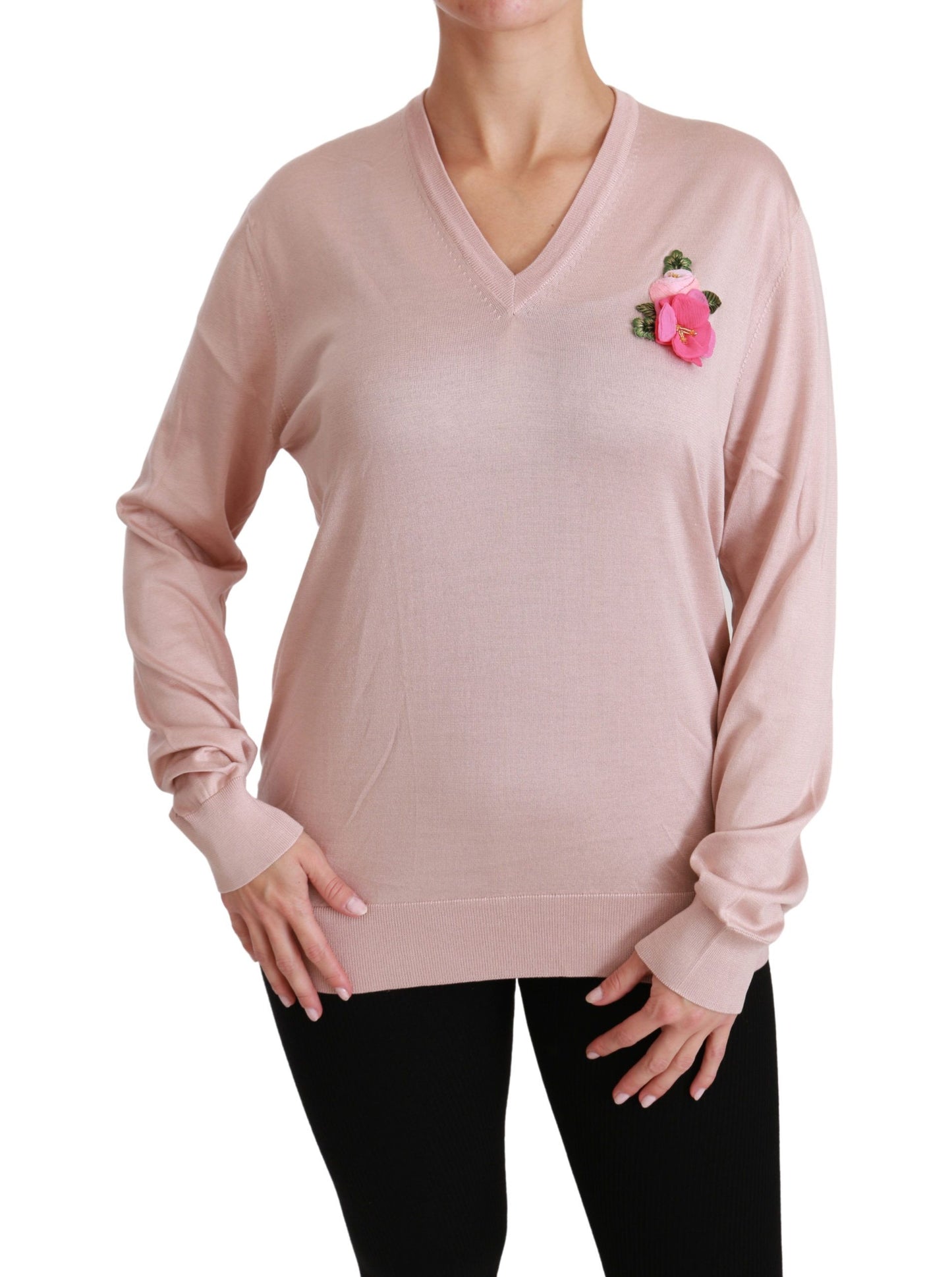 Dolce &amp; Gabbana pink floral silk V-neck sweater