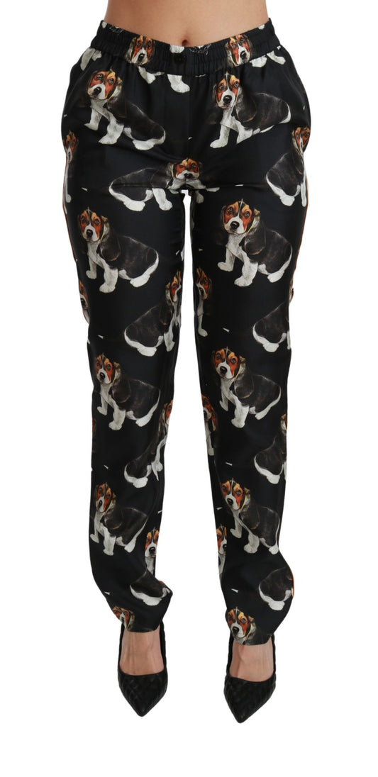 Dolce & Gabbana Elegante Seidenhose mit Welpenhund-Aufdruck