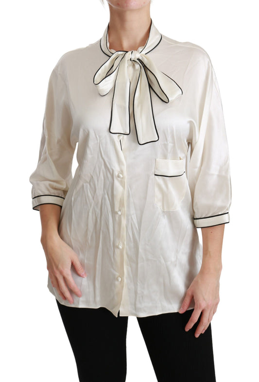 Dolce &amp; Gabbana Elegant Beige Silk Blouse with Bow Scarf