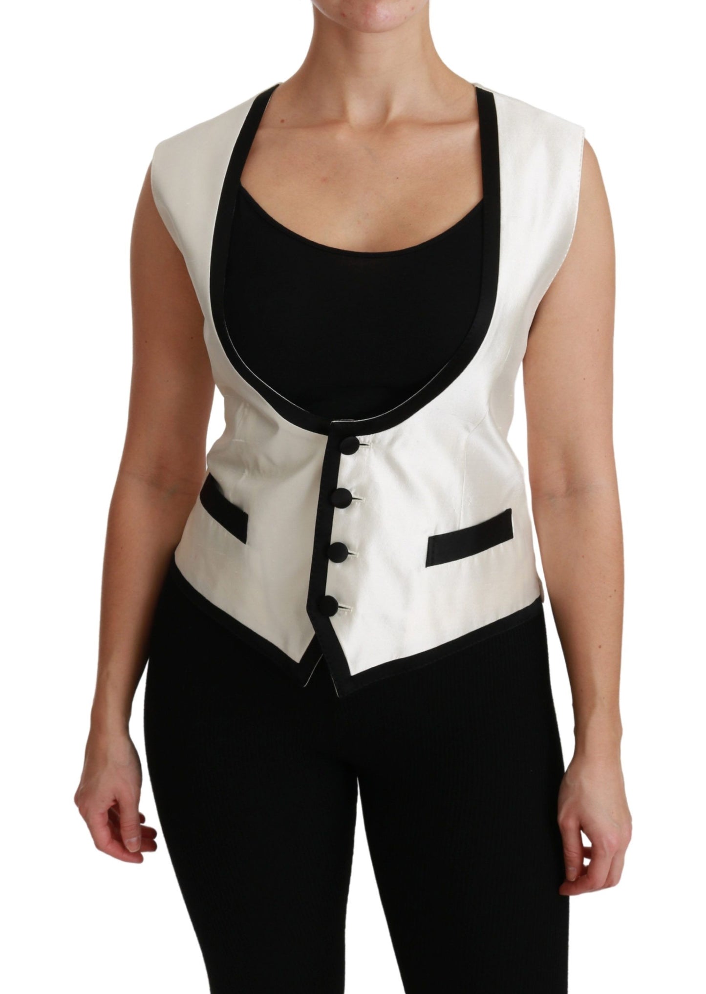 Dolce &amp; Gabbana Elegant sleeveless silk vest in black &amp; white