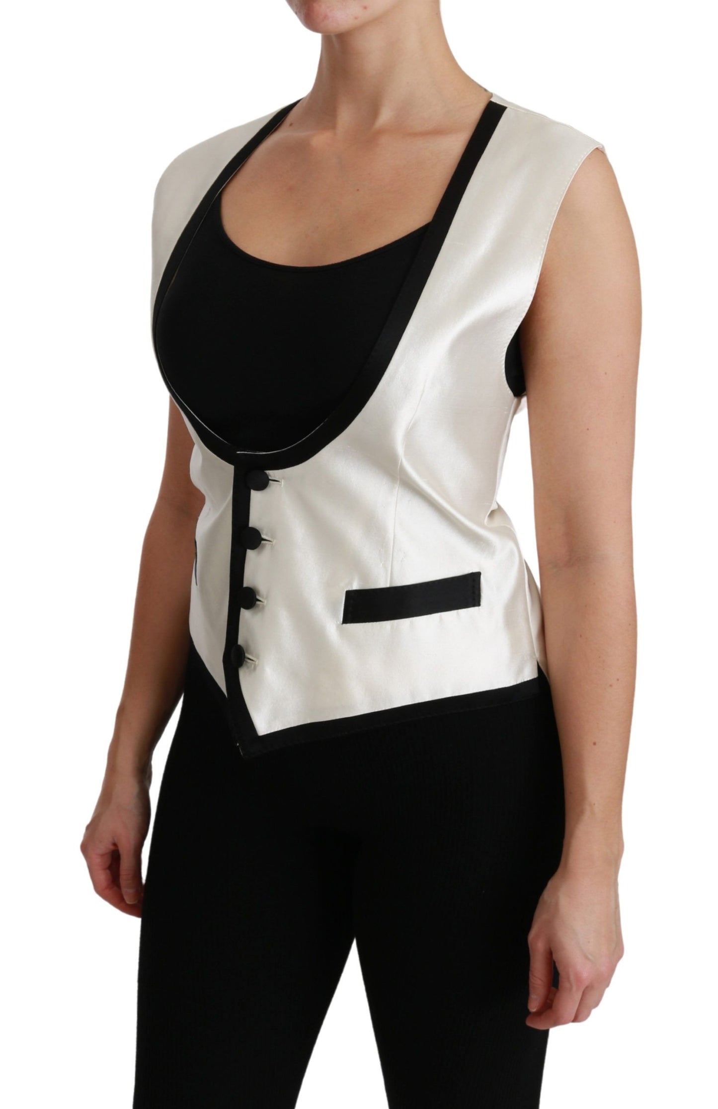 Dolce &amp; Gabbana Elegant sleeveless silk vest in black &amp; white