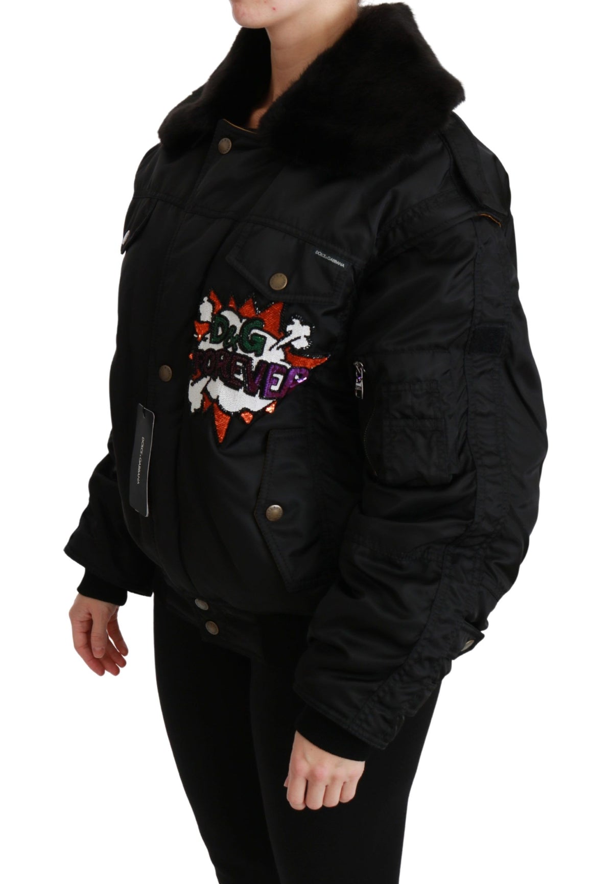Dolce &amp; Gabbana Elegantti musta bomber-takki irrotettavalla reunuksella