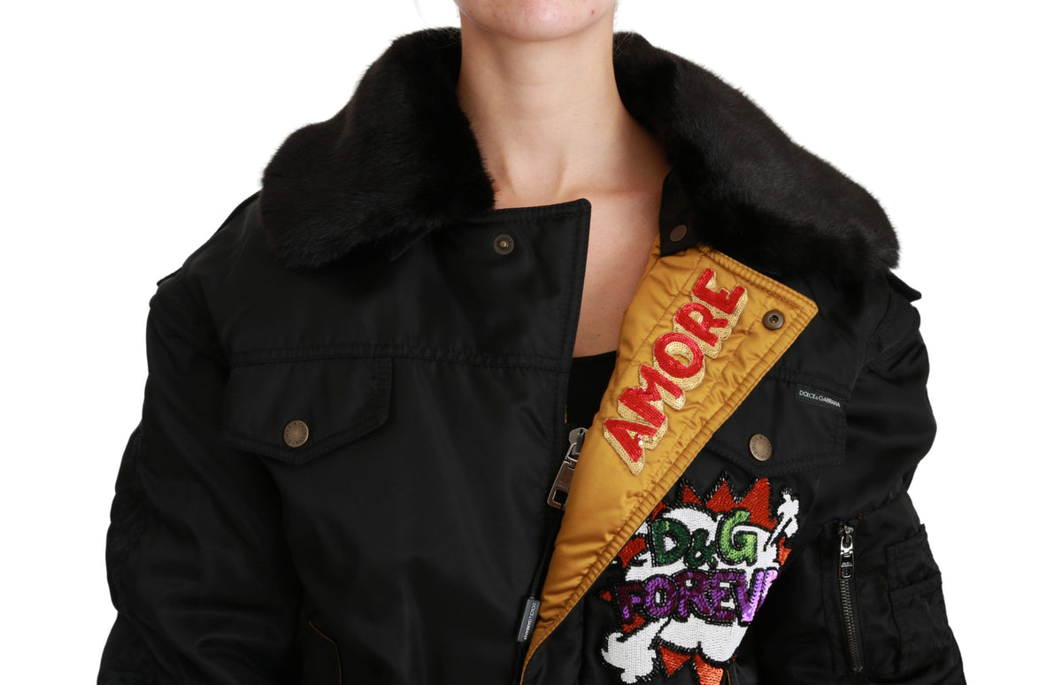 Dolce &amp; Gabbana Elegantti musta bomber-takki irrotettavalla reunuksella