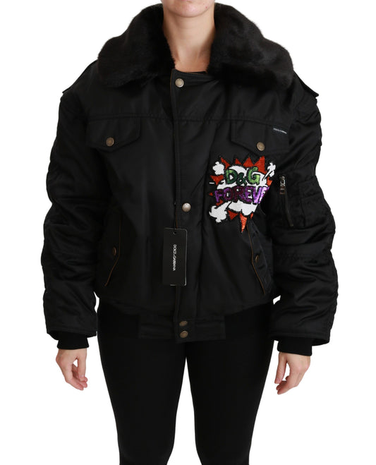 Dolce & Gabbana Elegante schwarze Bomberjacke mit abnehmbarer Ausstattung