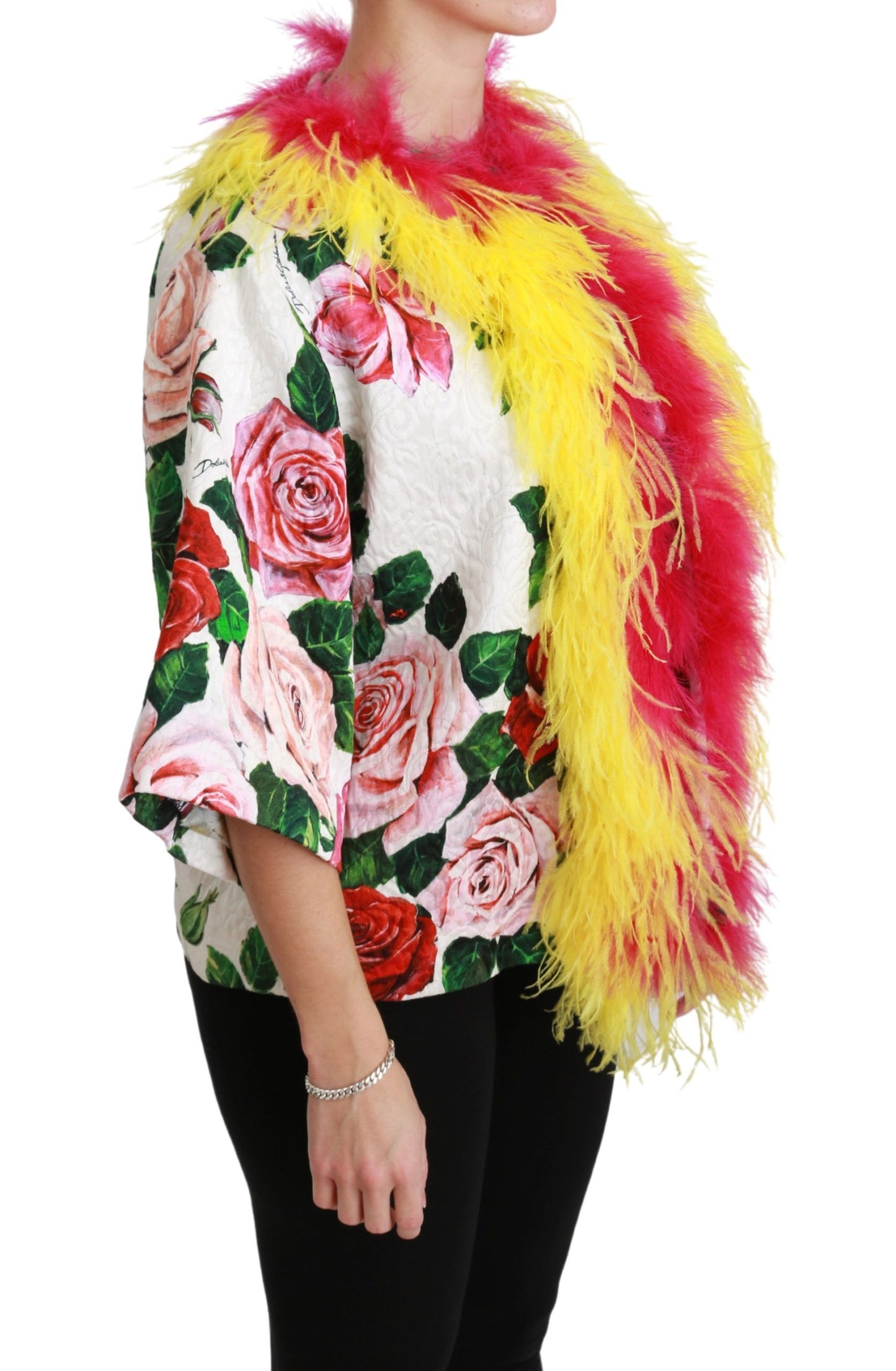 Dolce &amp; Gabbana Elegant floral cape jacket with fur details