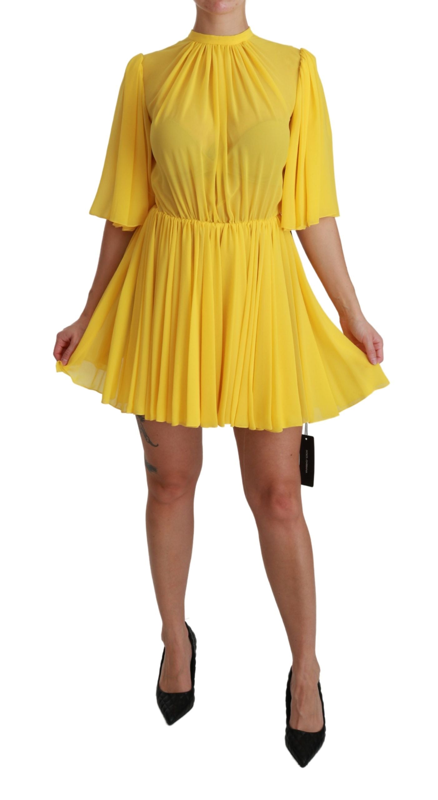 Dolce &amp; Gabbana pleated A-line silk mini dress in Sunshine Yellow