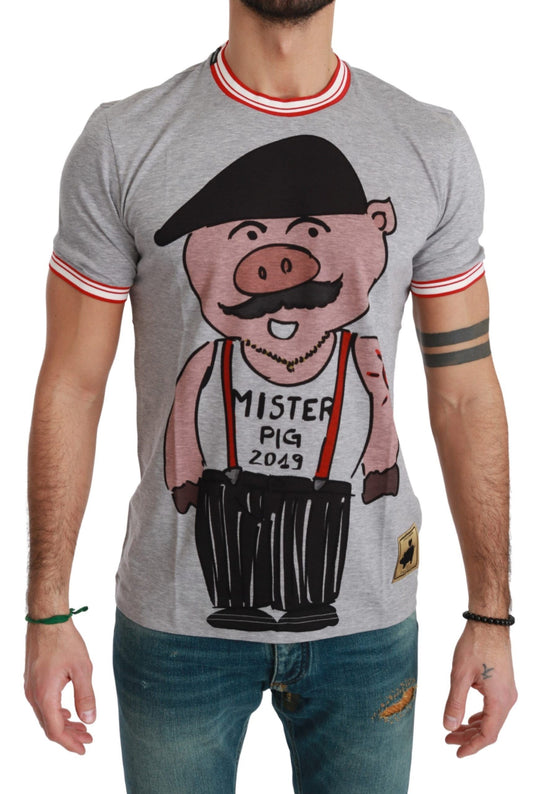 Dolce & Gabbana Schickes graues Baumwoll-T-Shirt mit Jahr-des-Schweins-Motiv