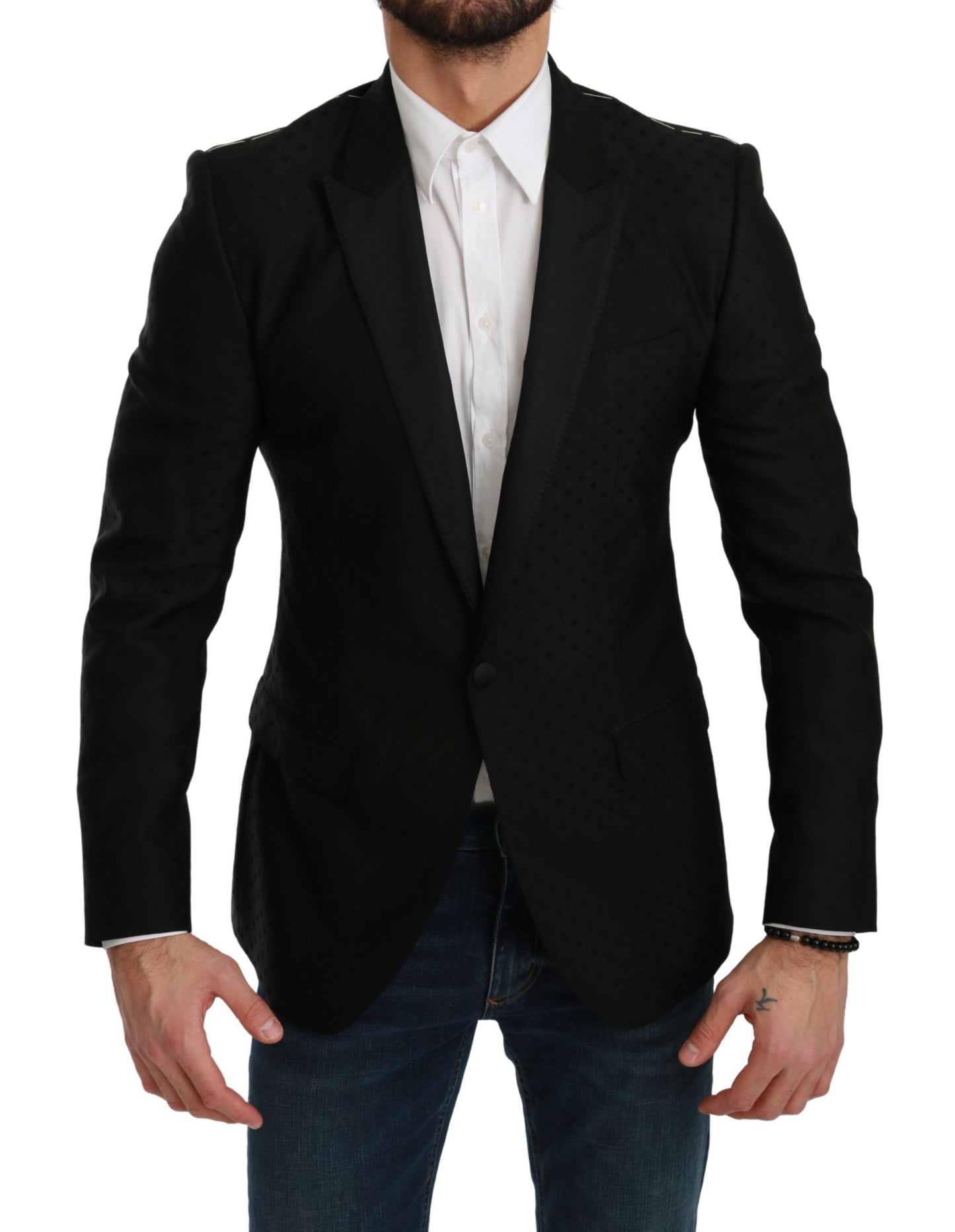 Dolce & Gabbana Eleganter schwarzer gepunkteter Blazer aus einer Wollmischung