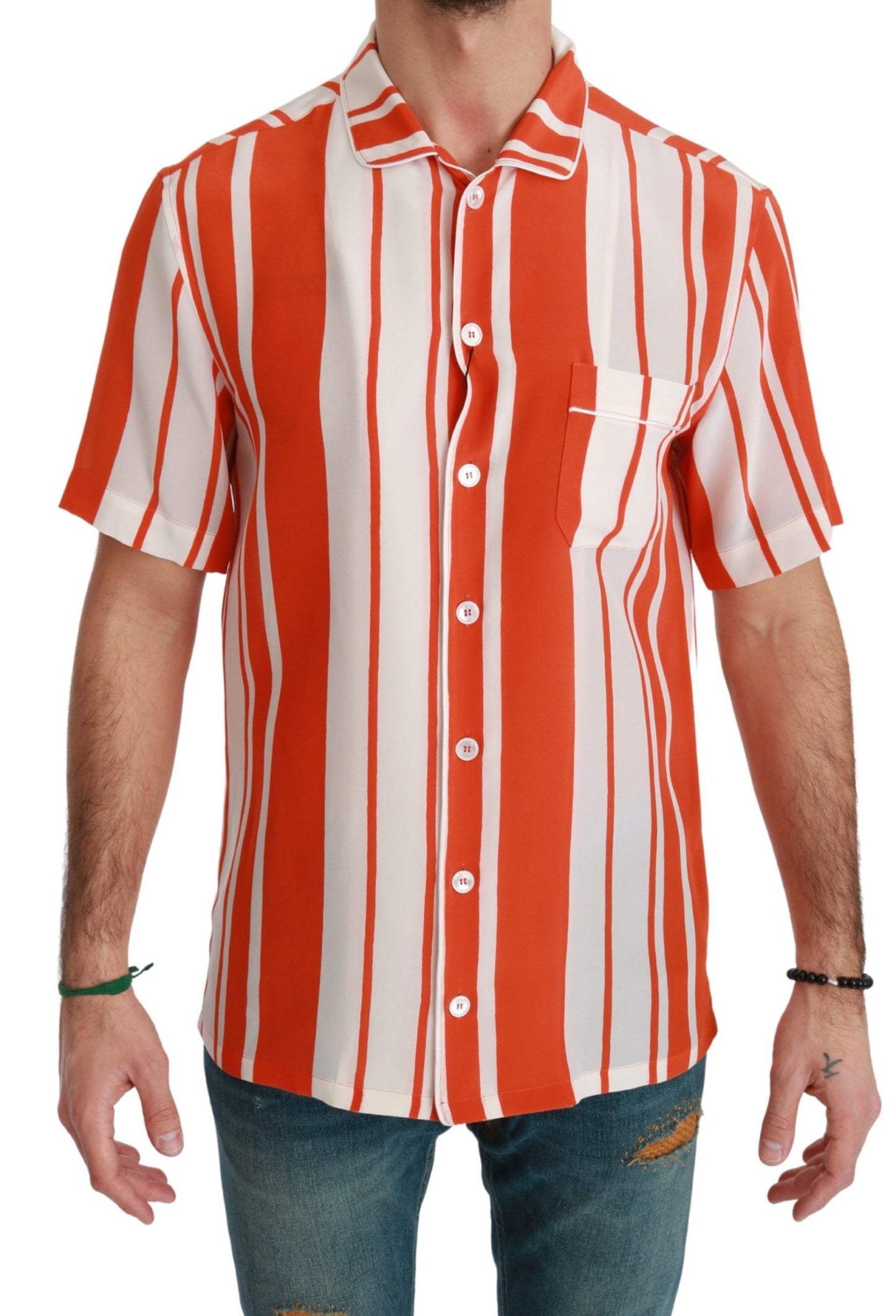 Dolce &amp; Gabbana Elegant Striped Silk Shirt - White &amp; Orange