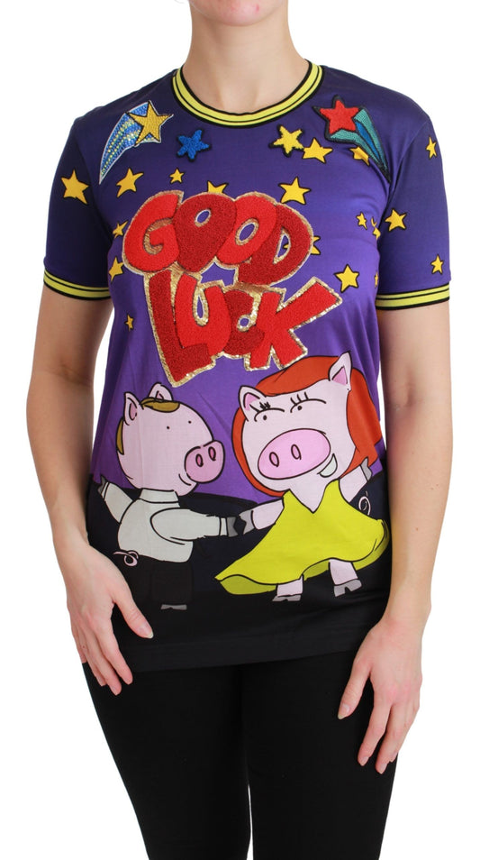 Dolce & Gabbana Elegantes Motiv-T-Shirt mit Rundhalsausschnitt in Violett