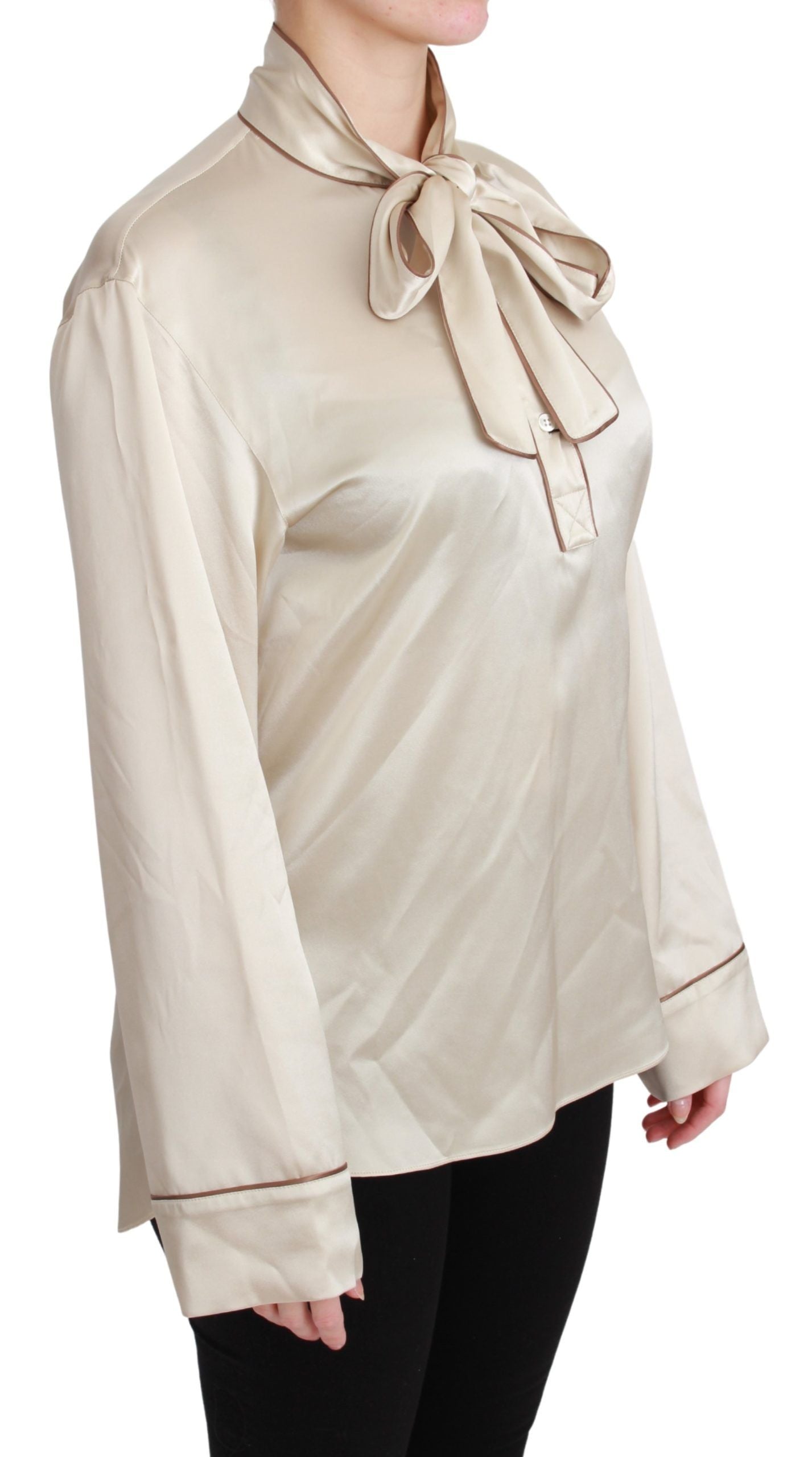 Dolce &amp; Gabbana Elegant beige silk satin blouse with QUEEN embroidery