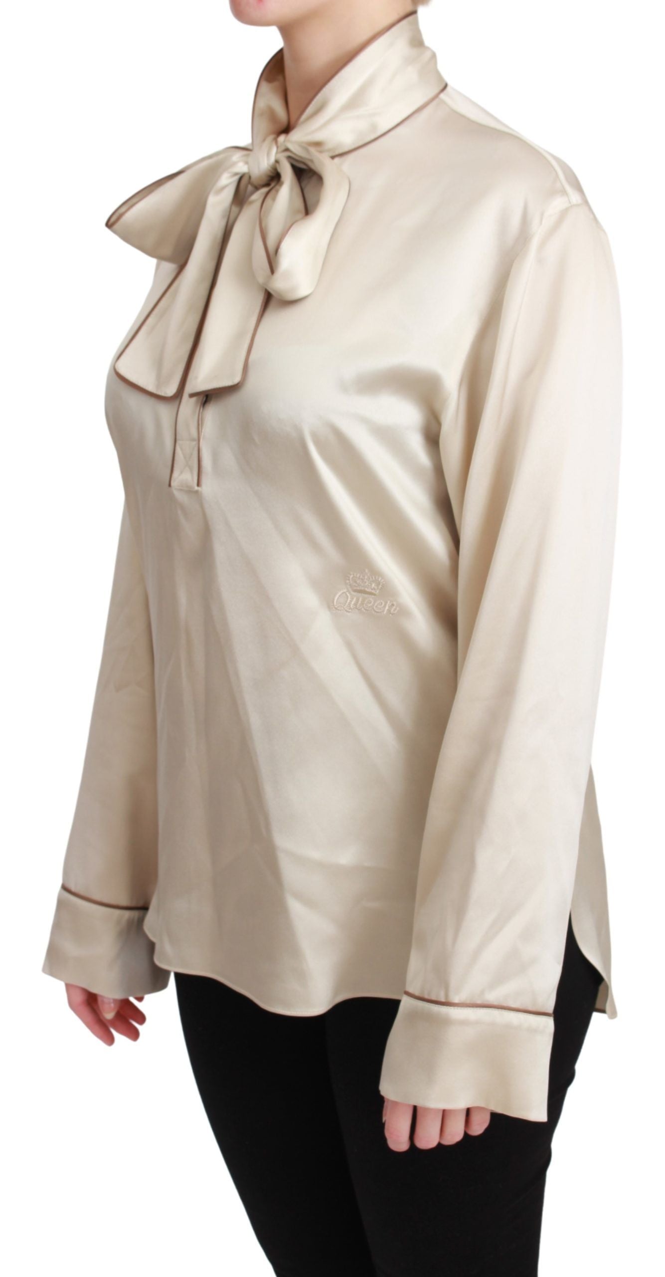 Dolce &amp; Gabbana Elegant beige silk satin blouse with QUEEN embroidery